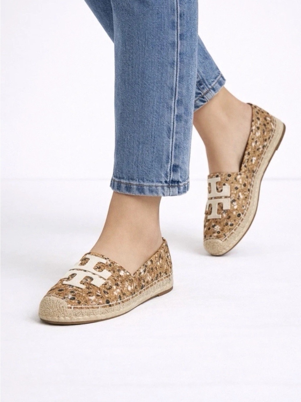 Tory Burch Woven Tan Espadrille Slip-On Shoes with Cream Accent